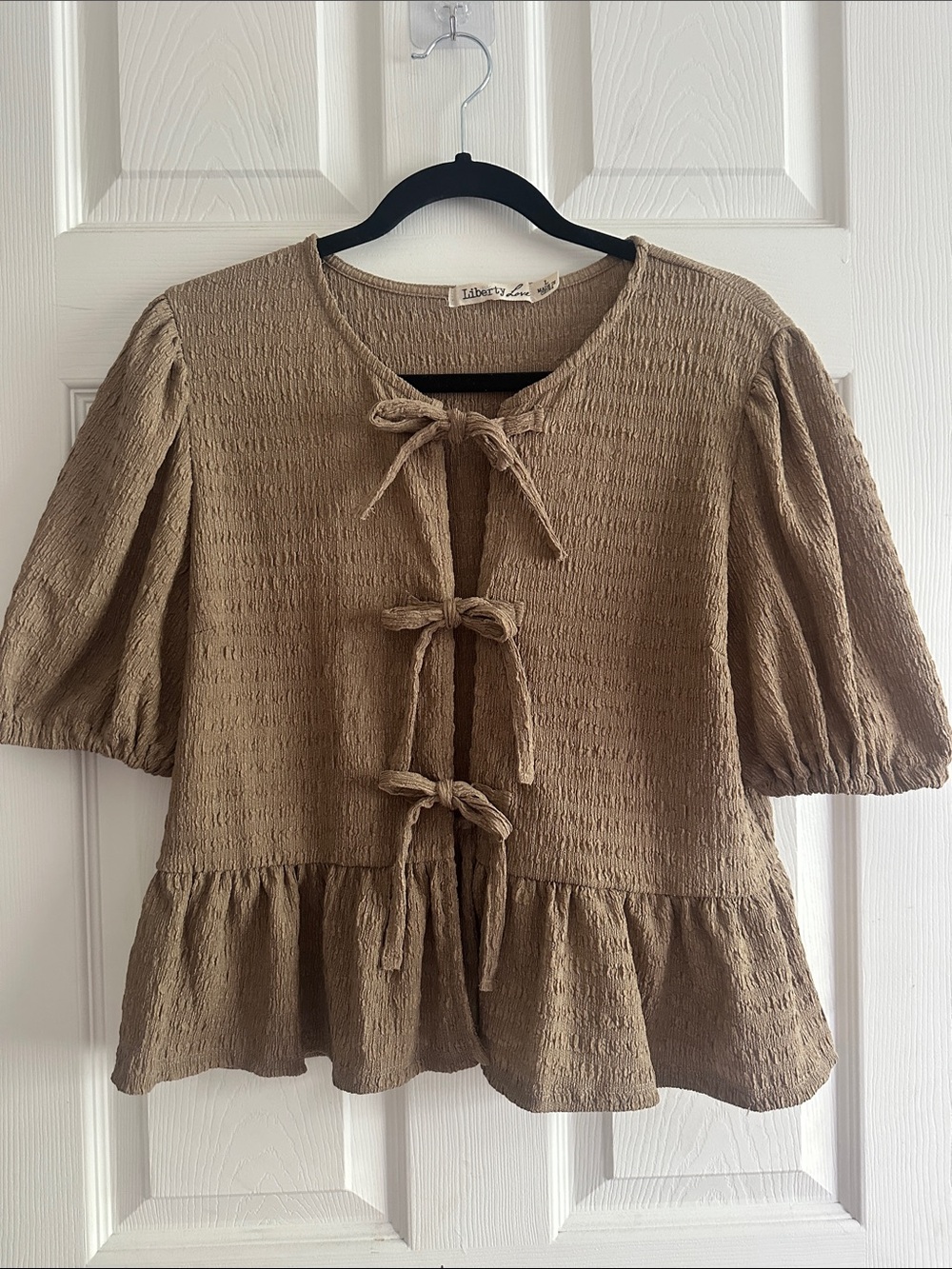 Liberty Love Taupe Tie-Front Peplum Blouse